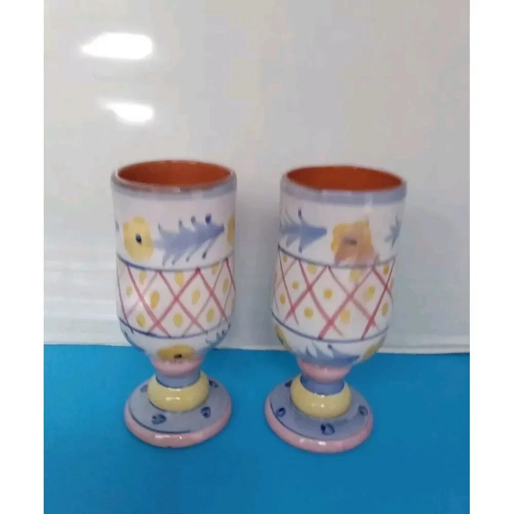 Handpainted Ceramic Wine Goblets Set of 2 - Floral‎ Pattern Terracotta Chalices